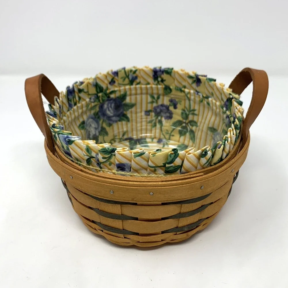 Longaberger 1996 Round Basket Leather Handles 6.5 Inch Fabric Liner, Protector
